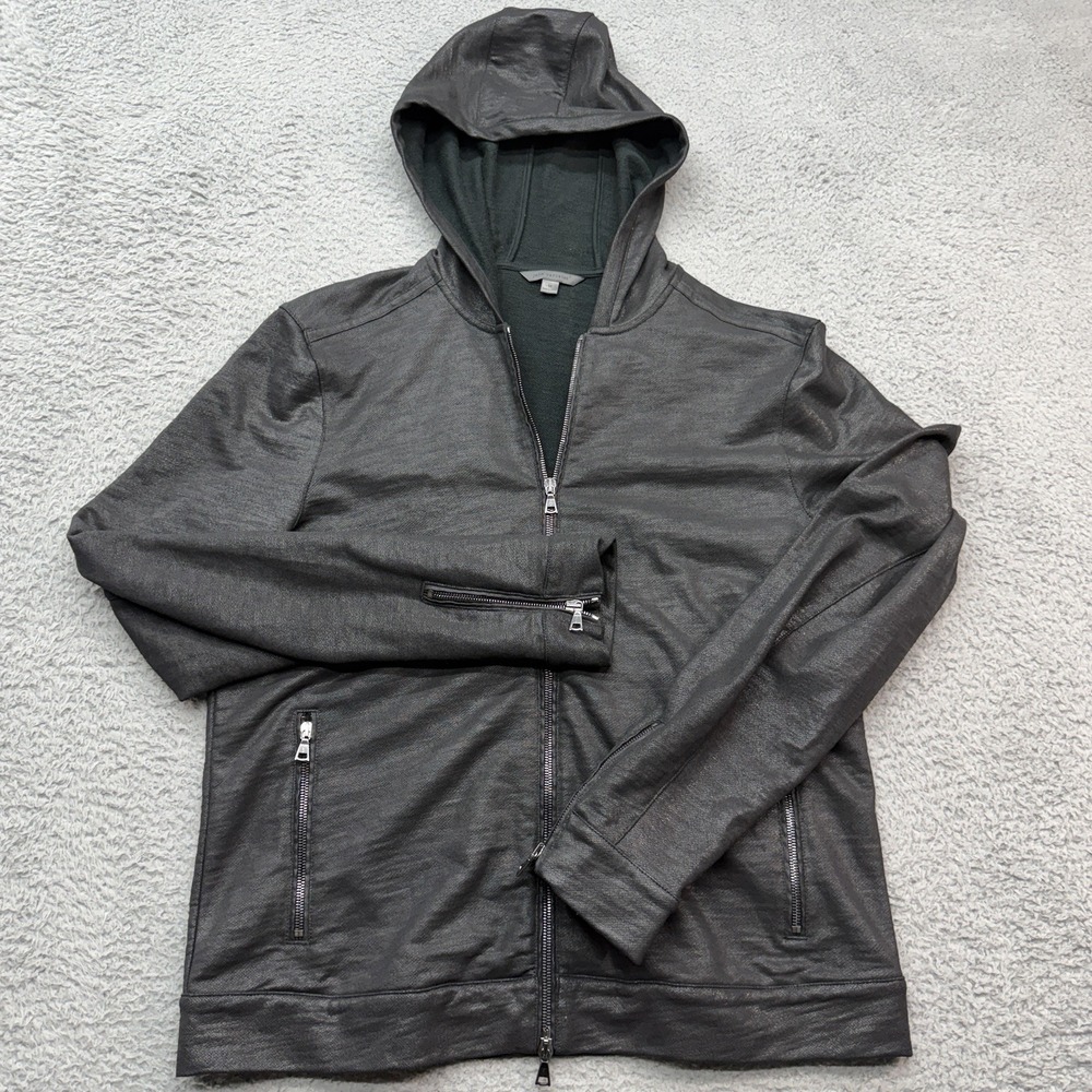 John Varvatos Full Zip Hoodie Mens M Black Zip Cuffs Pockets Smooth Leather Feel